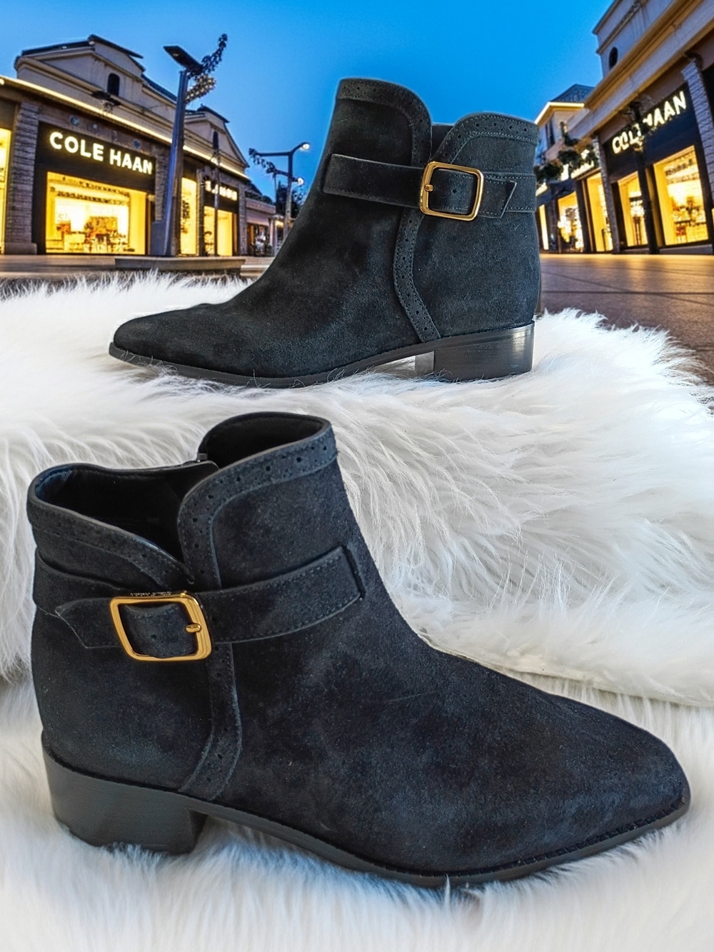 New Cole Haan Norella Black Suede Ankle Boots with Gold Buckle 5.5